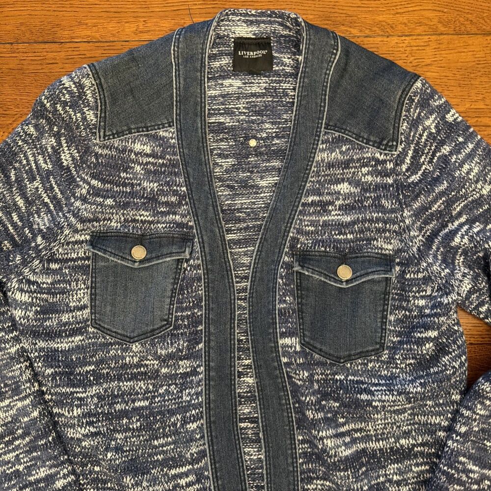 Liverpool Los Angeles Women’s XL Long Open Cardigan Knit Sweater Denim Trim - Picture 5 of 12